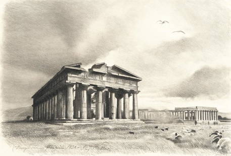 Richard (1874) Müller (1874 - 1954): Richard Müller - „Tempelruinen Paestum“ (“The temple ruins of Paestum”) Chalk pastel drawing on slightly textured wove by P.M. Fabriano. 1928. C. 33.5 x 48.5 cm. Signed, dated, and titled low