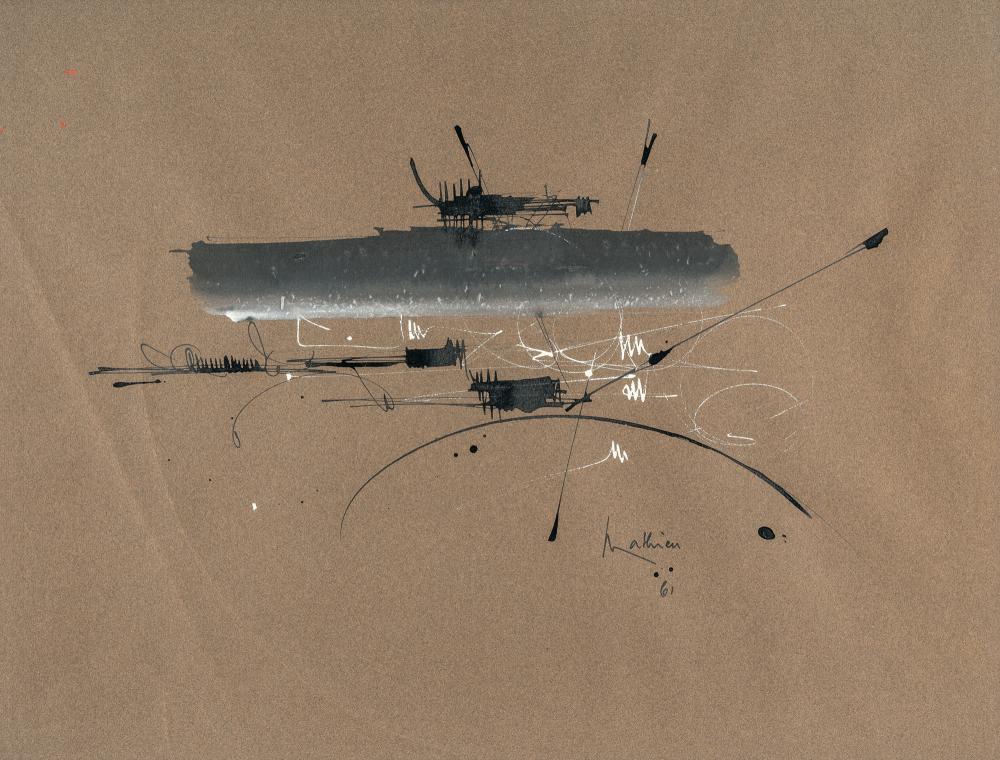 Georges (1921) Mathieu (1921 - 2012): Georges Mathieu - Fonds bistre (Fonds bistre) Gouache on tinted paper.(19)61. C. 49.5 x 65 cm. Signed and dated in the centre below the depiction. Inscribed on the reverse “37 / T. 266 / N. 5084”,