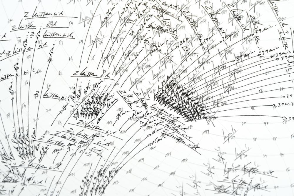 Jorinde Voigt (b. 1977): Jorinde Voigt - „Perm I“, „Perm II“, „Perm III“ (“Perm I”, “Perm II”, “Perm III”) Ink over pencil drawing on sturdy wove (3 sheets). C. 114.5 x 300 cm (Perm I), c. 114.5 x 200