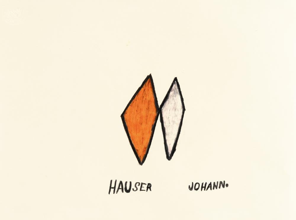 Johann (1926) Hauser (1926 - 1996): Johann Hauser - ,,Mann und Frau'' (“Man and woman”) Coloured pencil and pencil on wove by Austria Zeichen. (Around 1978). C. 22 x 29.5 cm. Signed on the lower edge. Numbered “20” on the revers