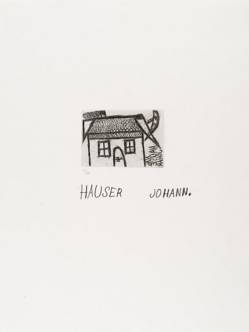 Johann (1926) Hauser (1926 - 1996): Johann Hauser - 2 Bll.: Hase – Haus (2 sheets: Hare – House) Etching on wove. C. 18 x 9.5 cm and c. 7 x 9.5 cm (sheet size c. 40 x 30 cm). A numbered copy from an edition of 30. Signed below the d