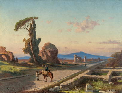 “Via Appia Antiqua“: Artist: Oswald Achenbach Oil on canvas. 31 x 41 cm. Signed lower right. Deutsche: Titel: „Via Appia Antiqua“ Beschreibung: Öl auf Leinwand. 31 x 41 cm. Signiert unten rechts. Notes: O