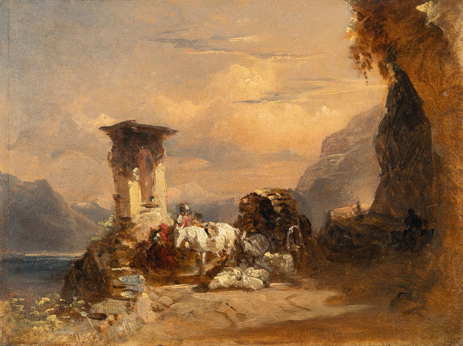 Vantage point on Lake Garda with the shrine to the: Artist: Friedrich Gauermann Oil on wove, laid down on panel. 15 x 20 cm. Deutsche: Titel: Rast am Gardasee Beschreibung: Öl auf Velin, auf Holz aufgezogen. 15 x 20 cm. Notes: Die Ölskizze na