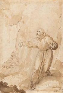 Saint Francis receiving the stigmata: Artist: Lodovico Carracci (Successor) Brown ink and wash on laid paper with watermark “Triple mountain in double circles“. (1st half 17th C.). 26.1 x 17.7 cm. Monogrammed “L.C“