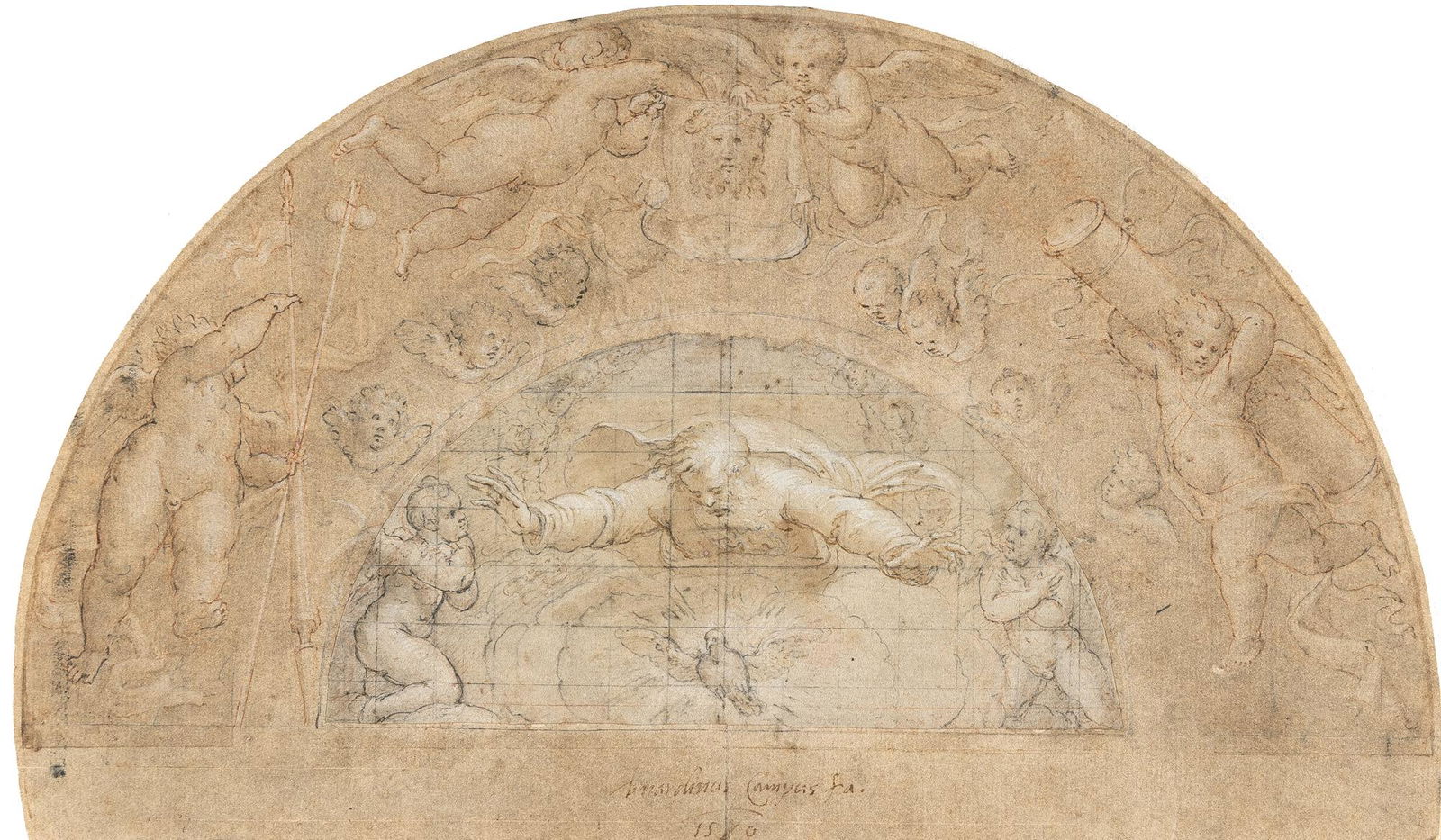 God the father surrounded by angels holding the: Artist: Bernardino Campi Brown ink and brush, red chalk, pencil and brown wash highlighted in white on laid paper. Lunette with God: Pencil highlighted in white on squared laid paper, laid down entire