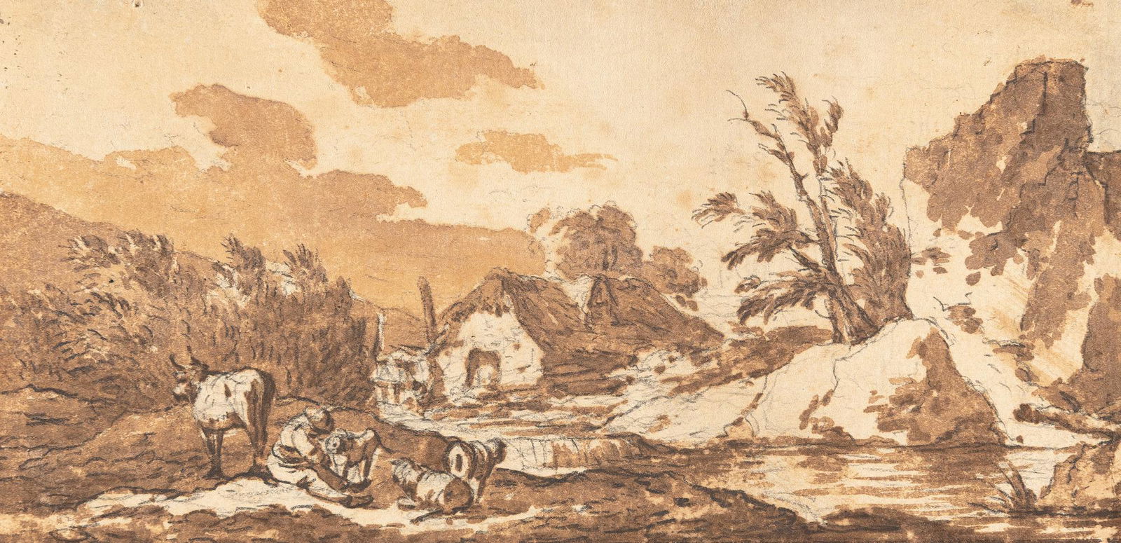 Landscape with shepherds: Artist: Jan de Bisschop (attributed) Brown ink over black chalk with brown wash on laid paper laid down on a mat. 8.9 x 17.8 cm. Deutsche: Titel: Landschaft mit Hirten Beschreibung: Feder in Braun 