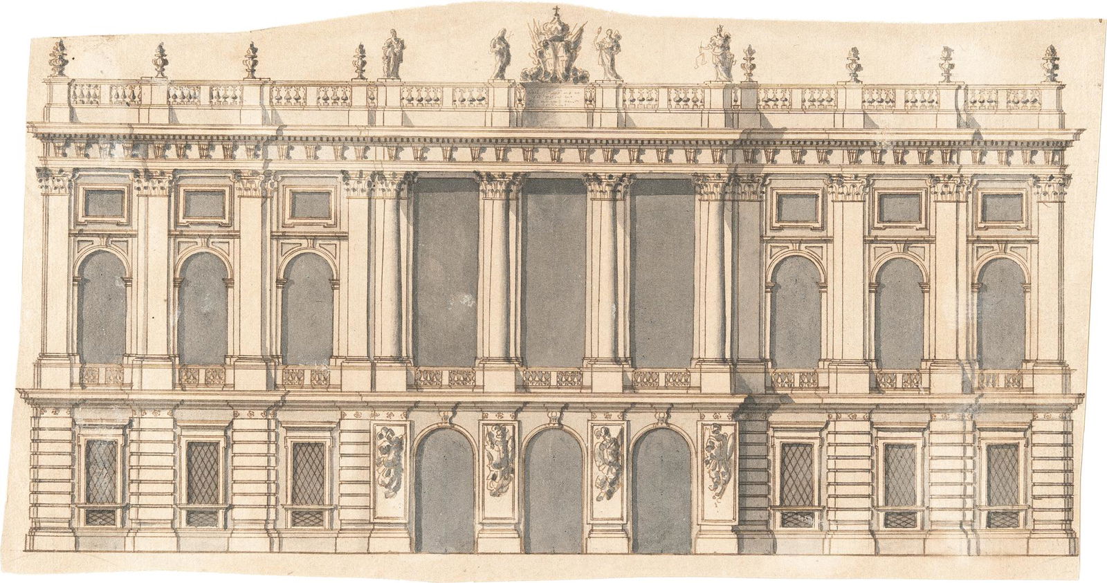 Design for the facade of the Palazzo Madama in Turin: Artist: Filippo Juvarra Brown ink and grey wash on laid paper. (c. 1720). 16.5 x 31.6 cm. This drawing will be included in the forthcoming Catalogue Raisonné of Tomasso Manfredi. Deutsche: Titel: