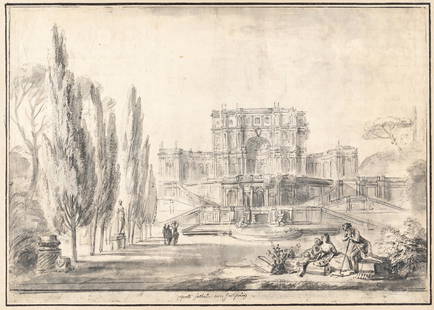 The Villa Pigneto Sacchetti near Rome: Artist: Jean Baptiste Lallemand Black ink and grey wash on laid paper. (1760/80). 34.6 x 48.6 cm. Inscribed with location lower centre. With vague red chalk landscape sketches on the reverse. Deutsche