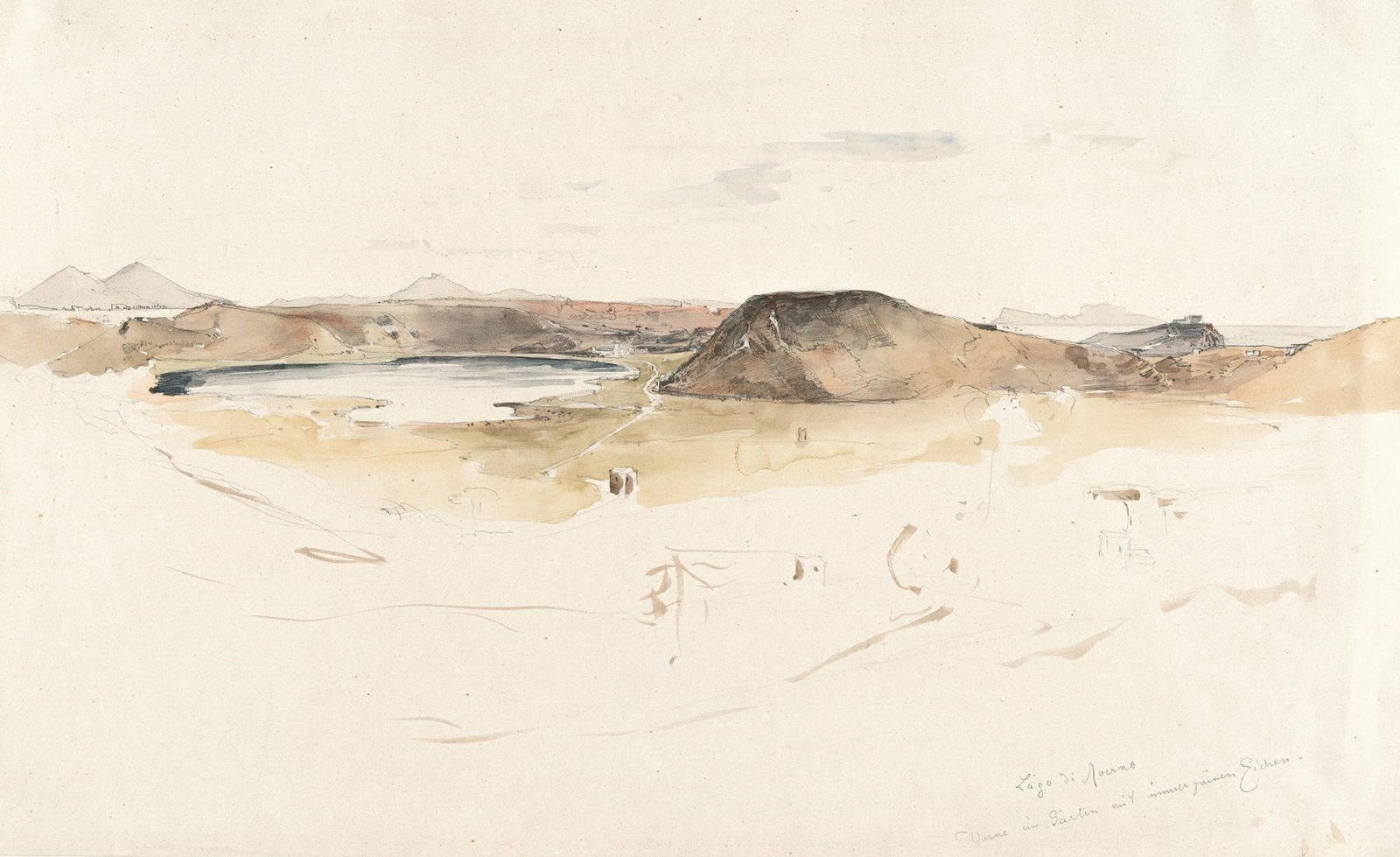 View of the Lake Avernus with Vesuvius and Capri: Artist: Joseph Selleny Watercolour over pencil on wove. (c. 1854/55). 29.7 x 48.3 cm. Inscribed lower right “Lago di Averno Vorne im Garten mit immergrünen Eichen“. Deutsche: Titel: B
