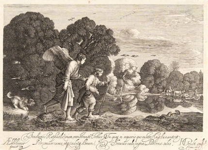 Tobias with the fish, accompanied by the angel: Artist: Hendrik Goudt Engraving after Adam Elsheimer on laid paper. (1608). 13.6 x 18.9 cm (sheet). Deutsche: Titel: Tobias mit dem Fisch, in Begleitung des Engels Beschreibung: Kupferstich nach Adam