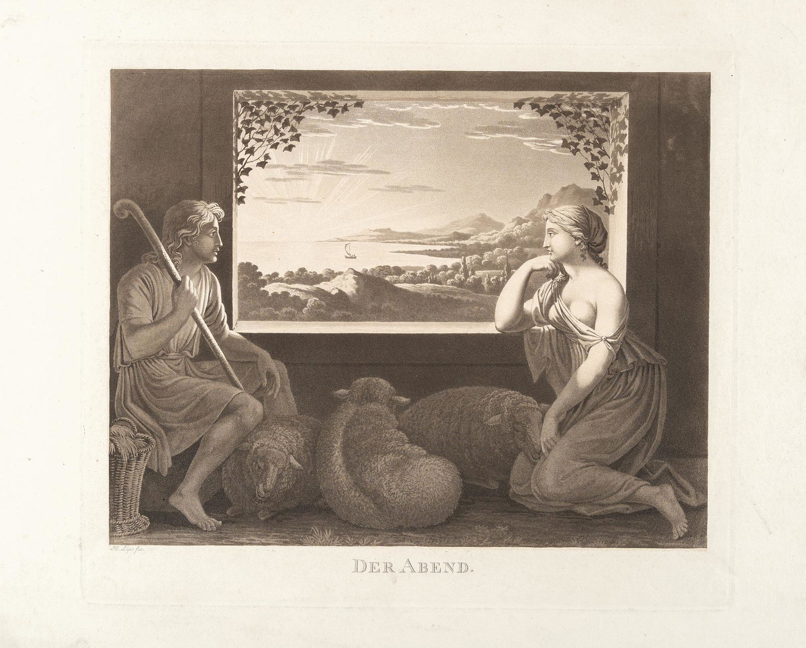 4 sheets: The four times of the day: The morning –: Artist: Johann Heinrich Lips Aquatint etchings in brown (3) and grey (1) on wove. (1793-1805). Each c. 30.2 x 38.1 cm (sheet). Deutsche: Titel: 4 Bll.: Die vier Tageszeiten: Der Morgen – Der Mit