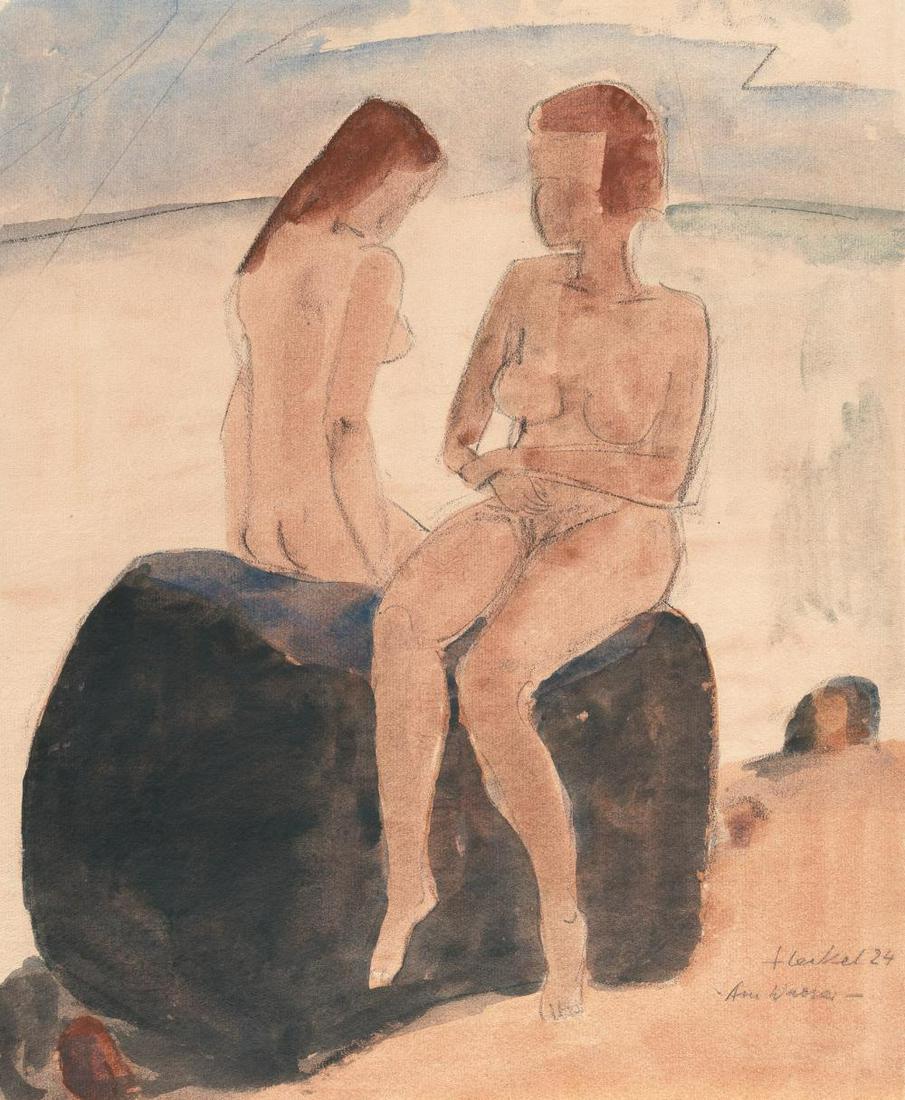„Am Wasser“: Artist: Erich Heckel Watercolour and chalk on laid paper with watermark “Drey Könige GF“. (19)24. C. 47.5 x 38.5 cm. Signed, dated and titled lower right. We are thankful to Hans Geis