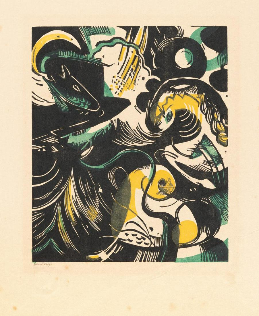Schöpfungsgeschichte II: Artist: Franz Marc Woodcut in colours on Japon laid paper. (1904). C. 24 x 20 cm (sheet c. 51 x 35.5 cm). Posthumous print. Signed on the reverse by Maria Marc and stamped “Handdruck vom Origina