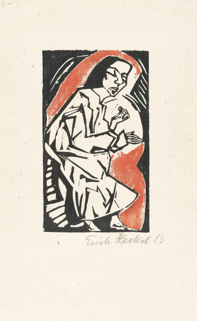 Liegende: Artist: Erich Heckel Woodcut in colours on thin Chine laid paper. (19)13. C. 18 x 10.5 cm (sheet c. 35.5 x 21 cm). A copy from an edition of 100. Signed and dated lower right. Published in 1924 as she