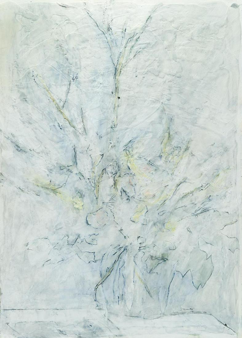 „Blaues“: Artist: Werner Berges Wax and acrylic on cardboard by (19)79. Ca. 70 x 50 cm. Signed, dated and titled lower right. Additionally signed, titled and inscribed “Mai Juni 30-7 / 79 / 42” on t