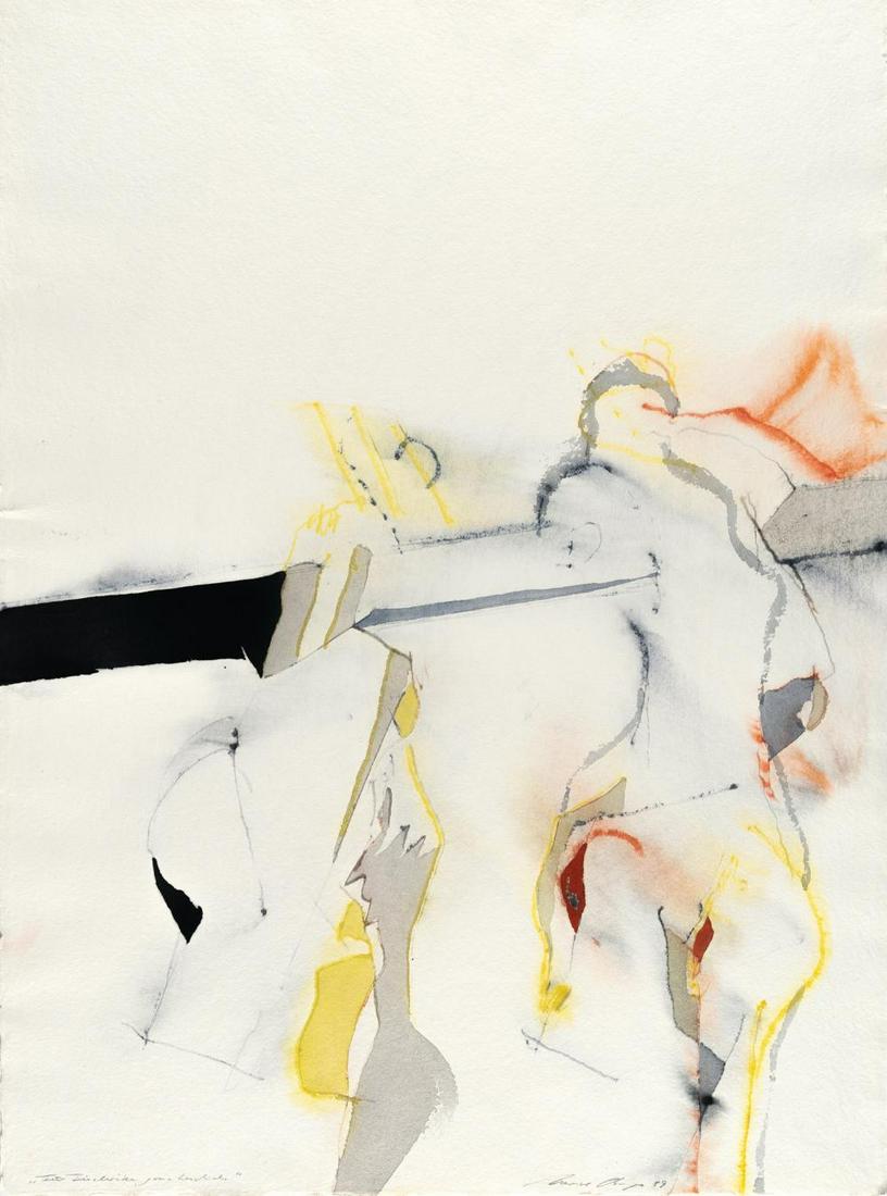 Ohne Titel („Für Friederike ganz: Artist: Werner Berges Watercolour and pencil on handmade paper. (19)89. C. 75 x 56 cm. Signed and dated lower right, inscribed with a personal dedication lower left. Taxation: VAT: Margin Scheme Deuts