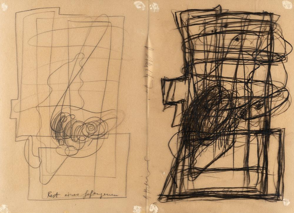 „Rest eines Gefangenen“: Artist: Dieter Roth Und Arnulf Rainer Chalk on foil (2-part) mounted in a cardboard mat. (19)74. C. 44.5 x 62.5 cm (mat c. 64.5 x 83 cm). Signed by both artists and dated along the central vertical ax