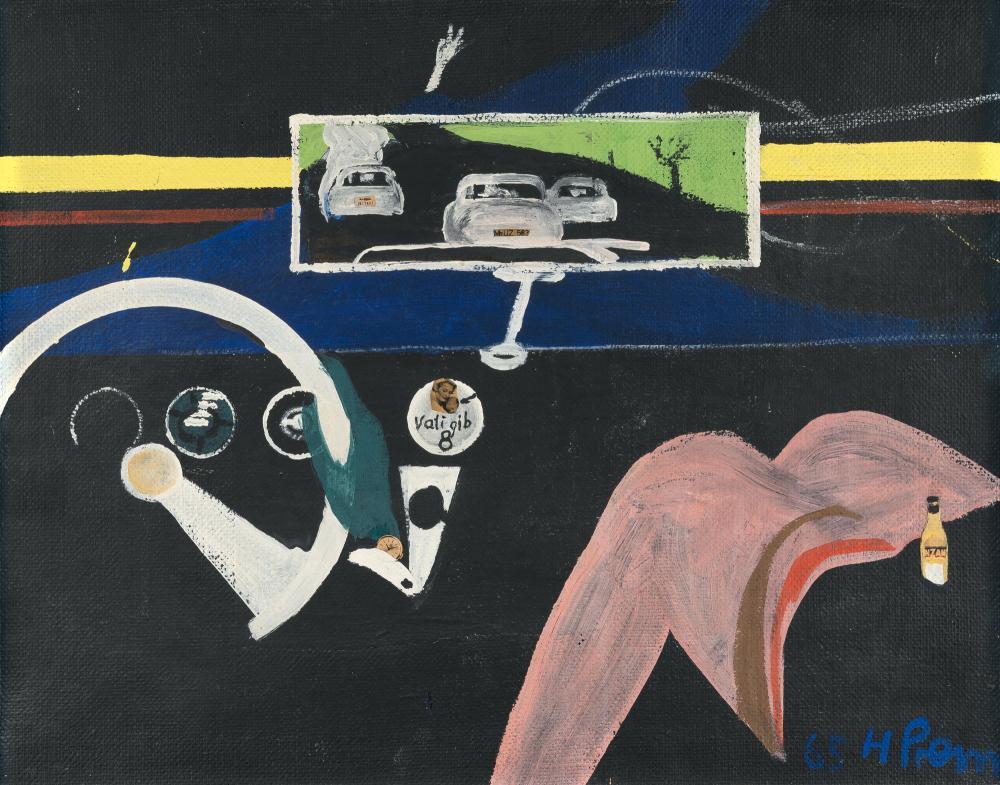 „Vati gib 8“: Artist: Heimrad Prem Oil and collage on jute. (19)65. C. 50 x 65 cm. Signed and dated lower right, titled in the centre. Taxation: VAT: Margin Scheme Deutsch: Titel: „Vati gib 8“