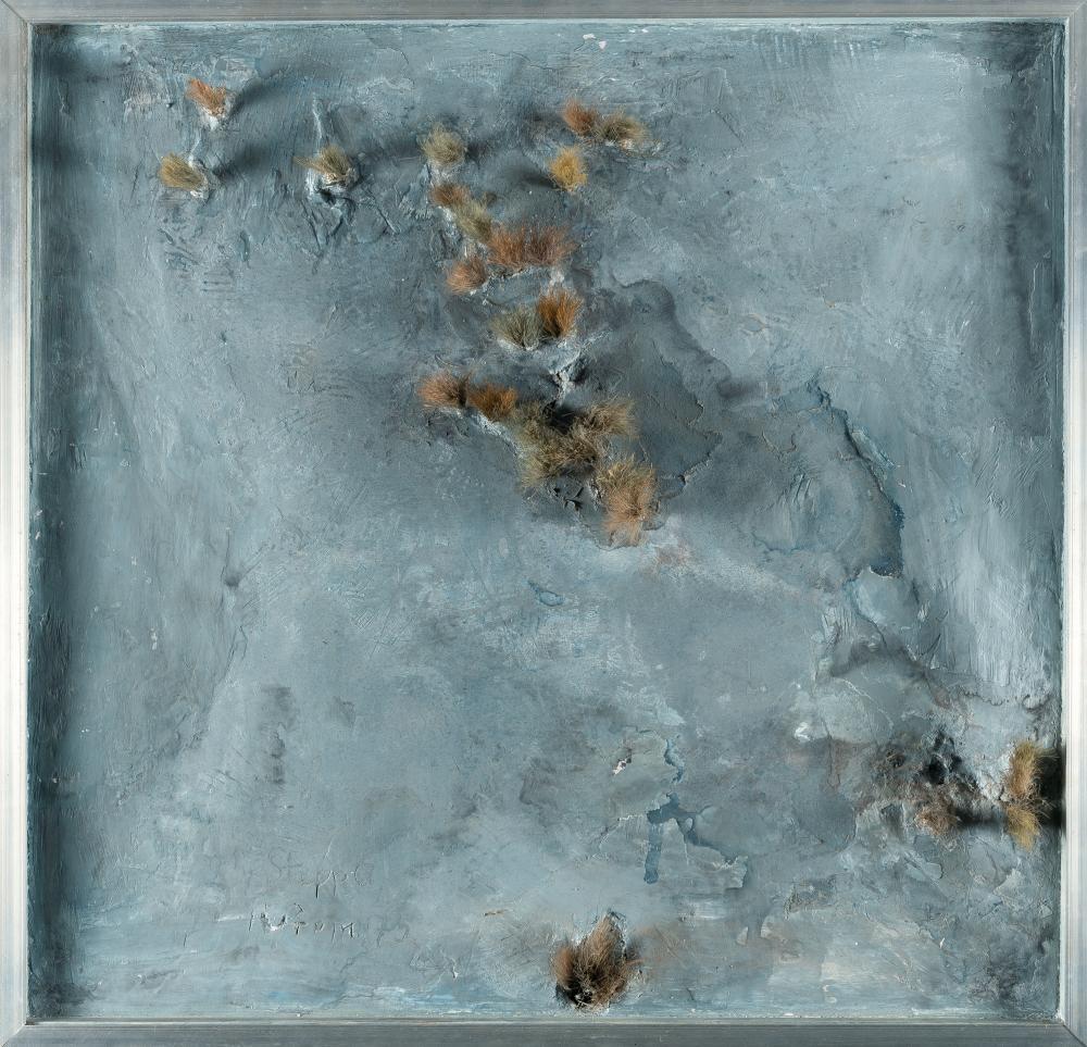 „after raining“: Artist: Heimrad Prem Gouache and brush heads on leather board. 1975. C. 62 x 83 cm. Signed, dated and titled lower left. Additionally signed and titled on the reverse on the backing board of the frame