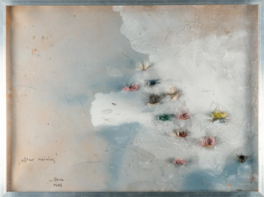 „Steppe“: Artist: Heimrad Prem Gouache, brush heads and plaster on leather board. (19)75. C. 73 x 76 cm. Signed, dated and titled lower left (incised). Additionally signed, dated and titled on the reverse on th