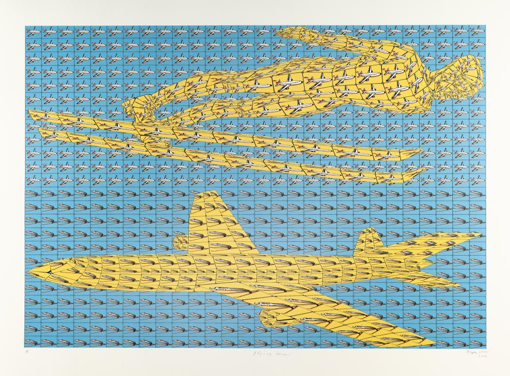 „flying home“: Artist: Thomas Bayrle Artboard UV inkjet print on laid paper. 2000/2014. C. 70 x 100 cm (sheet c. 84 x 114 cm). A copy from an edition of 10 unique alphabetically numbered examples. Signed and dated l