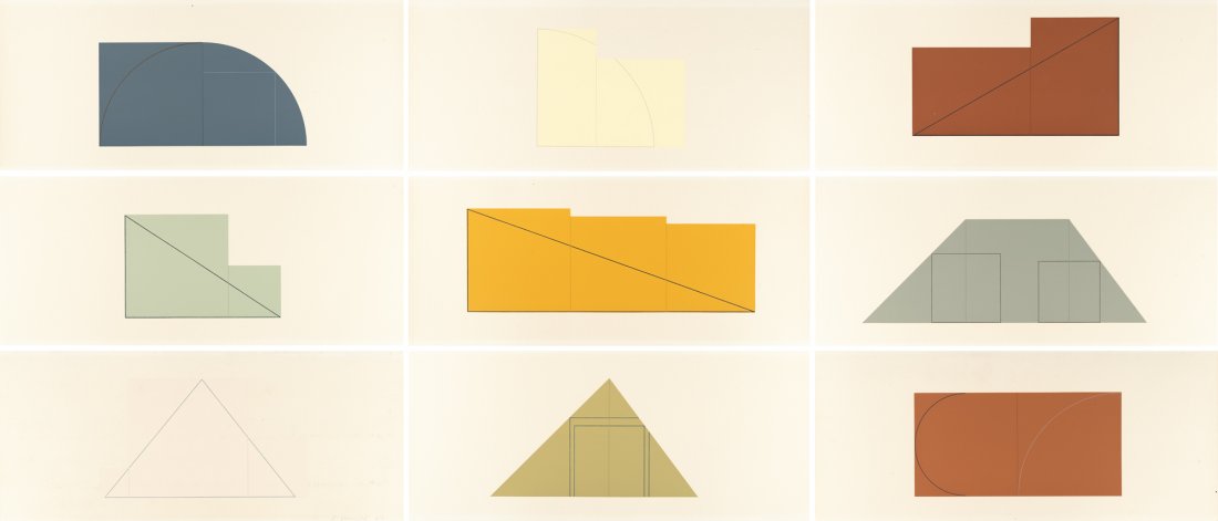 A Book of Silk Screen Prints. Multiple panel paintings: Artist: Robert Mangold Portfolio with 9 silkscreen prints in colours on an accordion fold cardboard brochure by Fabriano Cotton. (1976). C. 30 x 69 cm (brochure). A numbered copy from an edition of 3