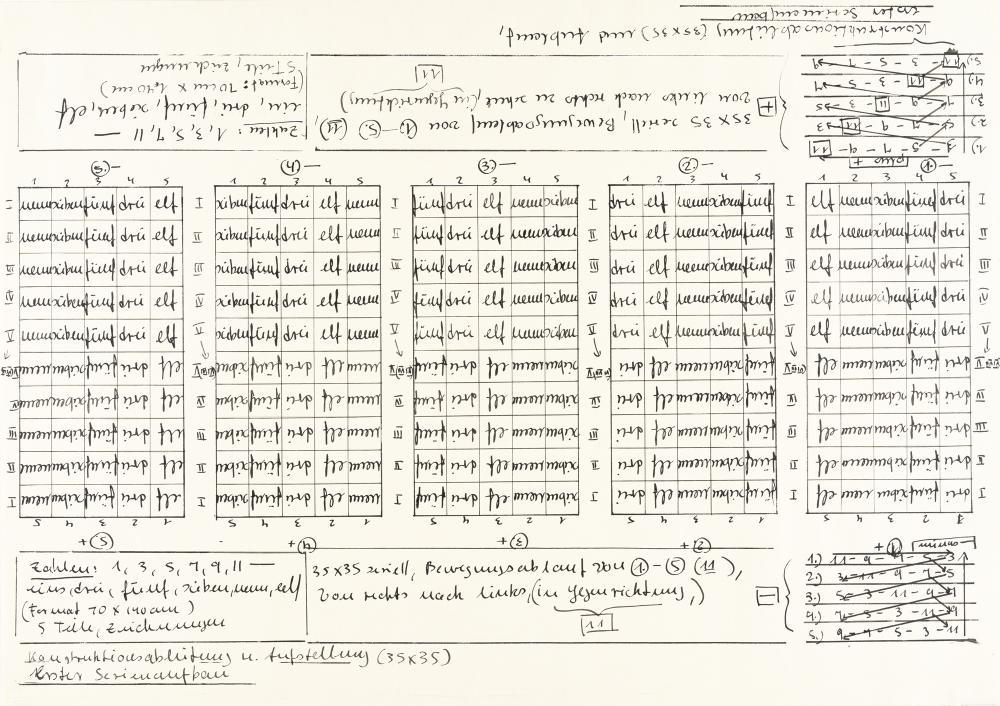 Construction deduction: Artist: Hanne Darboven Indian ink on thin, sturdy squared paper. C. 43 x 61 cm. Taxation: VAT: Margin Scheme Deutsch: Titel: Konstruktionsableitung Beschreibung: Tusche auf festem