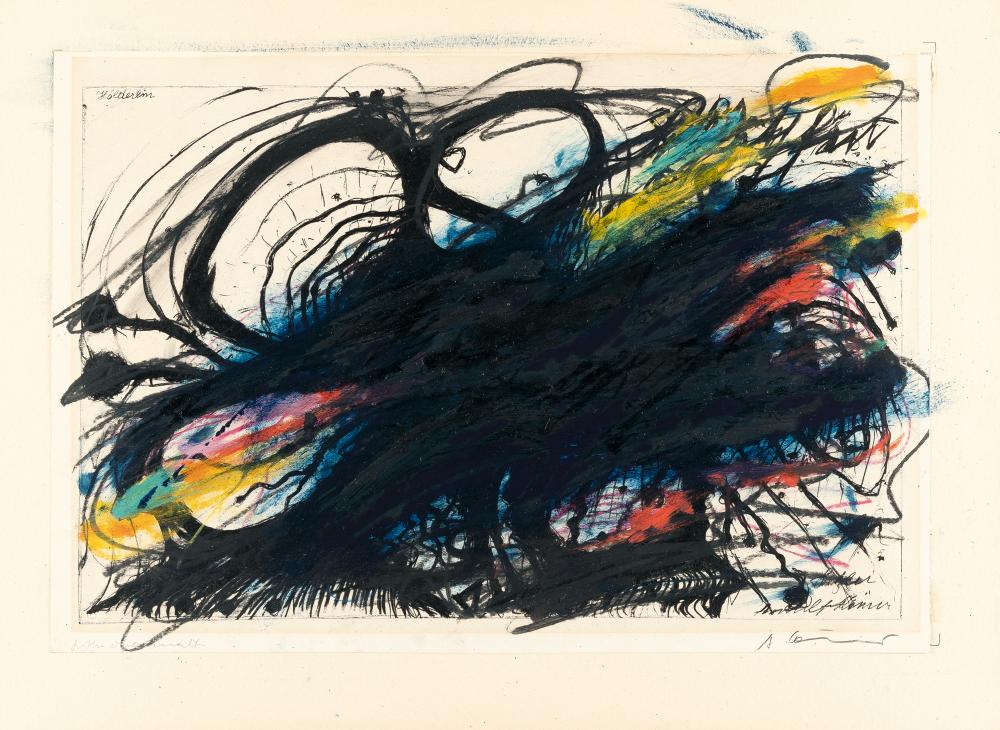 Hölderlin: Artist: Arnulf Rainer Oil crayon in colours over lithograph on smooth wove. (Around 1967). C. 36 x 53 cm. Signed lower right, inscribed “Litho übermalt” lower left. The lithograph was