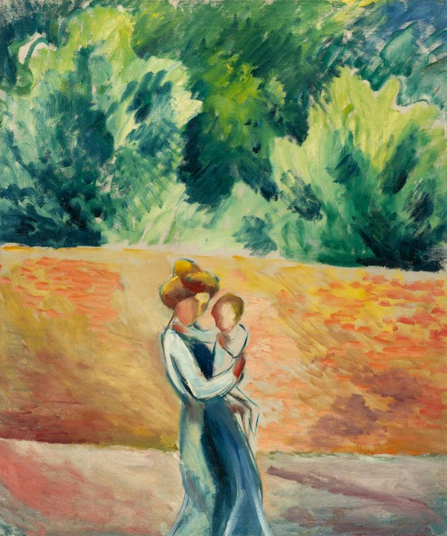 Woman and child on the garden wall: Artist: August Macke Oil on canvas, relined with wax. (1913). C. 91 x 76 cm. With a hand-written title, inscription and various numbers on the back on the stretcher, presumably added by Wolfgang Macke