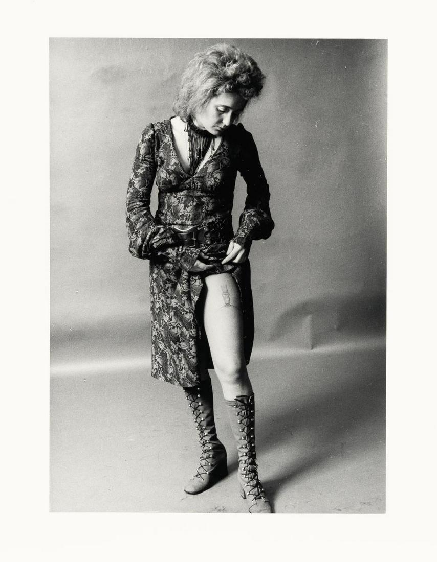 TATOO II: Artist: Valie Export Black and white photograph on photo paper. 1972/1997. C. 25.5 x 18 cm (sheet c. 30.5 x 24 cm). A numbered copy from an edition of 30 from 1997. Signed, dated and titled on the rev