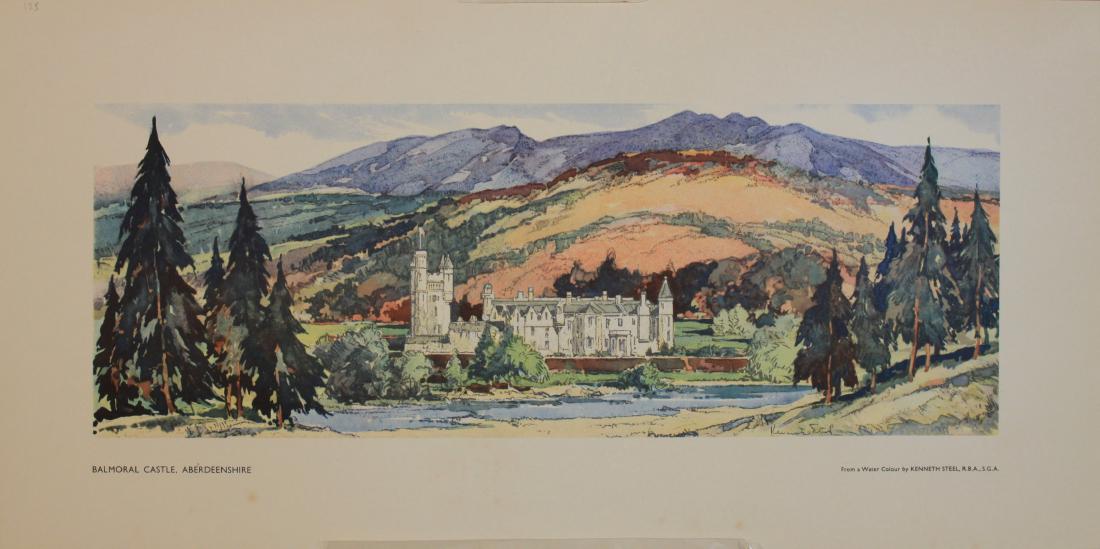 Kenneth Steel Balmoral Castle and Dryburgh Abbey, and: Kenneth Steel Balmoral Castle and Dryburgh Abbey, and John Aitken Dirleton Village, three LNER Carriage prints issued post 1945 - 25.5 x 53.5 cm (3) Property of the late Albert Cook ex Publicity Manag