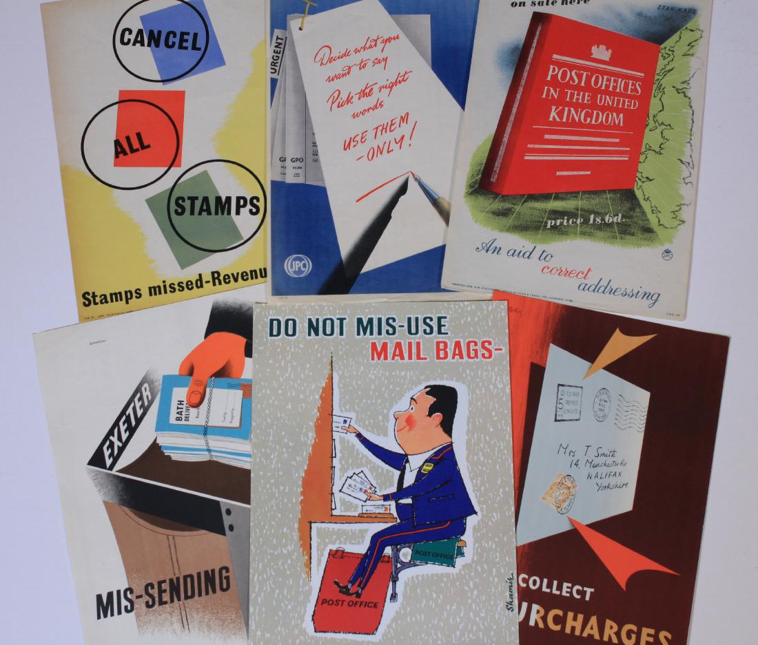 Maxim Shamir (1910-19900 Do not mis-use mail bags, Pat: Maxim Shamir (1910-19900 Do not mis-use mail bags, Pat Keely (1901-1970) Raise & Collect Surcharges, Tom Eckersley (1914-1997) Mis-sending causes delay, Stan Krol (1910-1985) Post Office Directory, tw