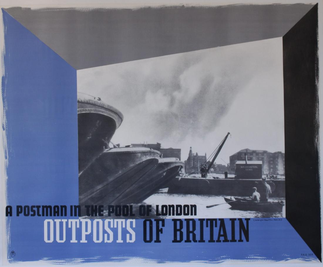E McKnight Kauffer (Edward 1890-1954) Outposts of: E McKnight Kauffer (Edward 1890-1954) Outposts of Britain A Postman in the Pool of London, GPO poster PRD 203 1937 - 102 x 127 cm This is the rare quad royal format poster