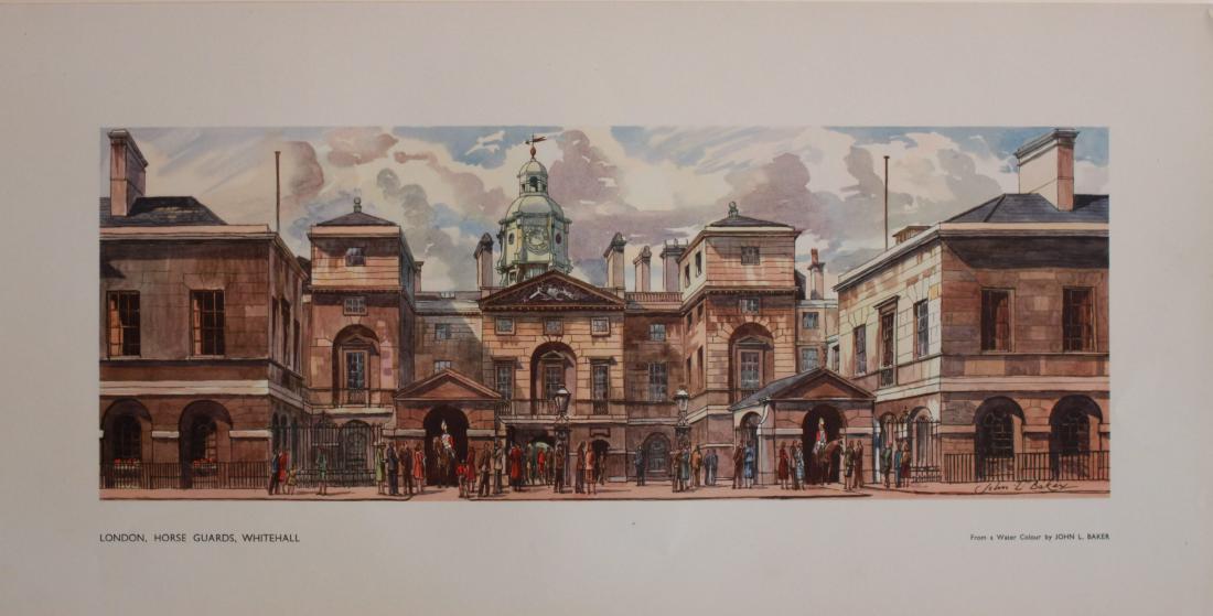 Kenneth Steel (1906-1970) London Kensington Palace, and: Kenneth Steel (1906-1970) London Kensington Palace, and John L Baker (born 1922) London Horse Guards Whitehall, LNER Carriage print issued post 1945 - 25.5 x 53.5 cm (2) Property of the late Albert Co