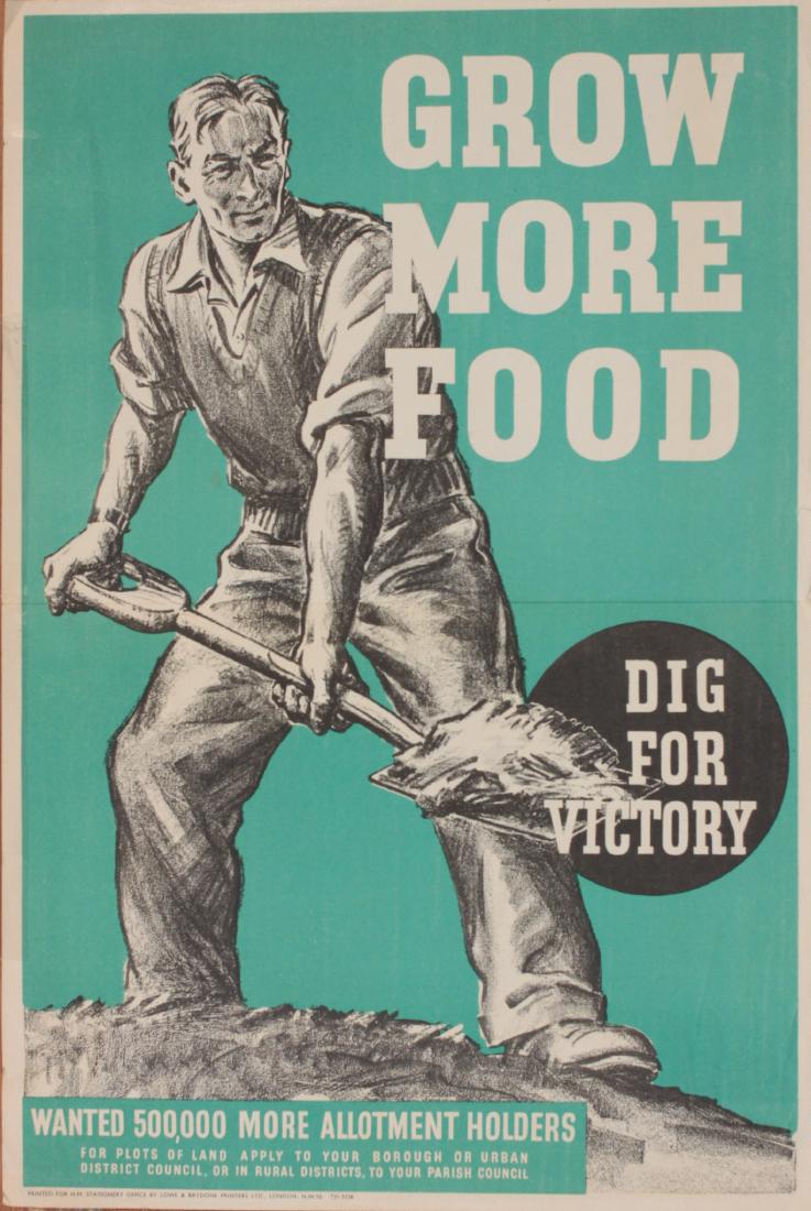Anon "S" Grow More Food Dig for Victory, original: Anon "S" Grow More Food Dig for Victory, original poster printed for HMSO by Lowe & Brydone 1939 - 38 x 26 cm, Leaflet for applying for allotment with same image as the poster 1941, and Dig for Victor