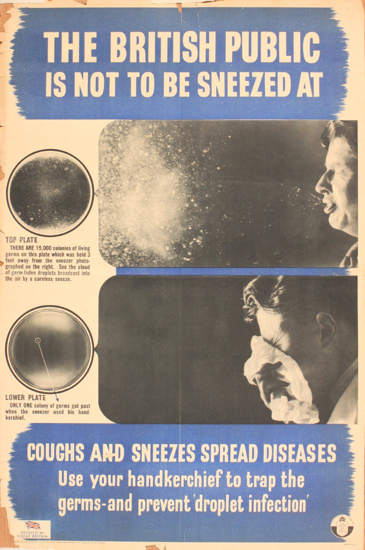 The British Public is not to be sneezed at, Coughs and: The British Public is not to be sneezed at, Coughs and Sneezes Spread Diseases, original poster printed for Ministry of Health HMSO by Lowe & Brydone - 76 x 51 cm