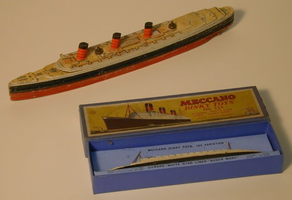 Meccano Dinky Toy No 52A Cunard White Star Liner "Q: Meccano Dinky Toy No 52A Cunard White Star Liner "Queen Mary", diecast model in original box; a Chad Valley card sectional model of the RMS "Queen Mary"; and four other liner models (6)