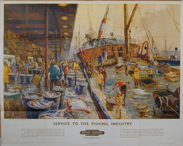 Original vintage poster: Jack Merriott Service to the Fishing Industry, Landing the catch at St.Andrew's Dock Hull, original poster printed for BR(NER) by Stafford & Co Ltd - 102 x 127 cm Cond B with folds