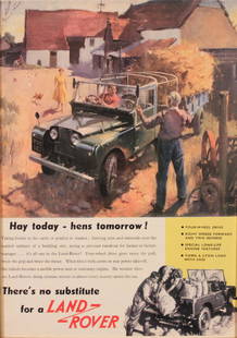 Terence Cuneo (1907-1996) Hay today - hens tomorrow ,: Terence Cuneo (1907-1996) Hay today - hens tomorrow , publicity poster for Land Rover , published by The Rover Company c.1948 - 42 x 80 cm