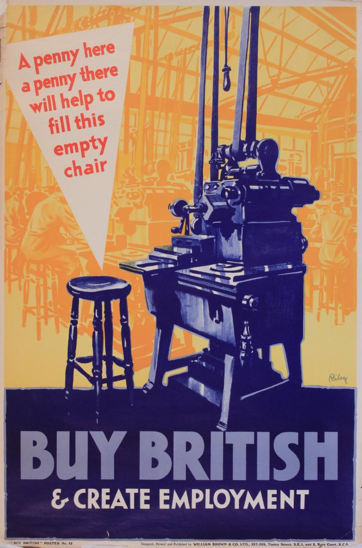 Riley (Harry 1895-1966) A penny here.. Buy British and: Riley (Harry 1895-1966) A penny here.. Buy British and create employment , Buy British poster No 13 printed by William Brown & Co Ltd 1931 - 76 x 50 cm