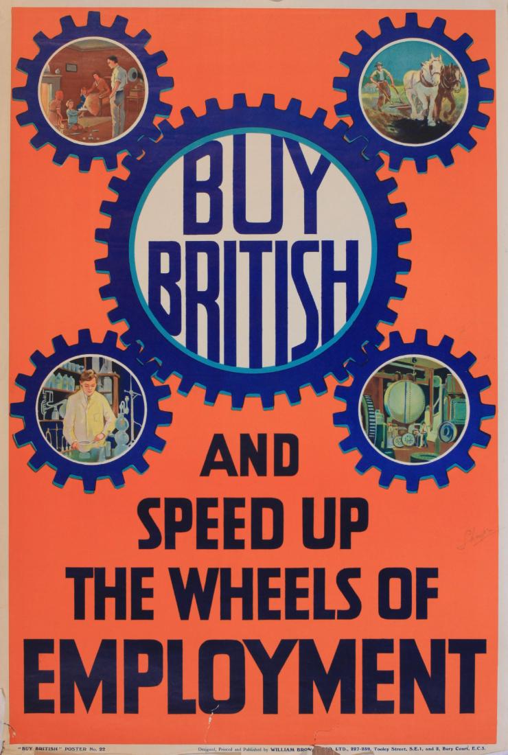 Sharpe (William Leonard 1905-1979) Buy British and: Sharpe (William Leonard 1905-1979) Buy British and speed up the wheels of employment , Buy British poster No 22 printed by William Brown & Co Ltd 1931 - 76 x 50 cm