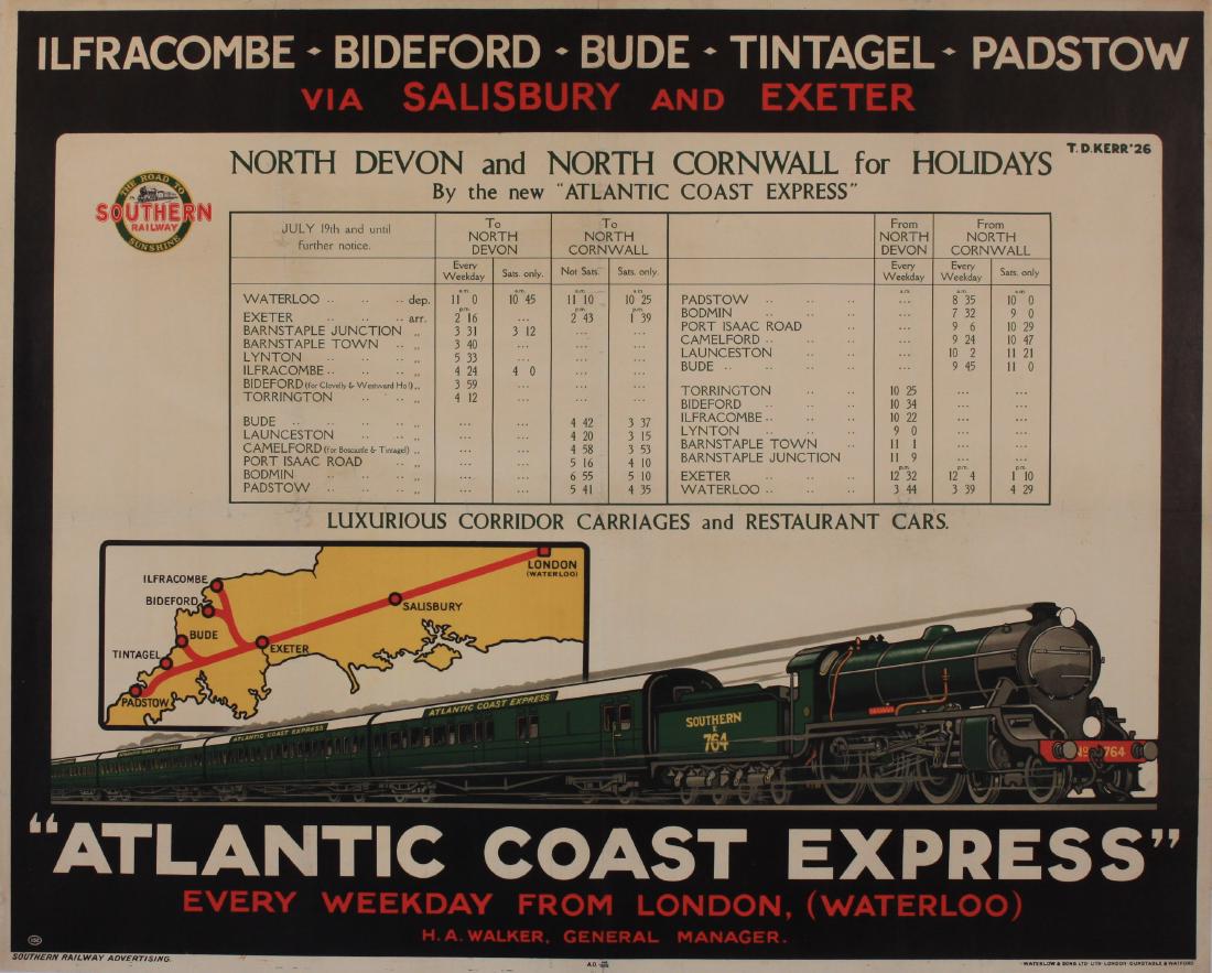 T D Kerr (fl. 1920s) "Atlantic Coast Express " ,: T D Kerr (fl. 1920's) "Atlantic Coast Express " Sir Gawain , Every Weekday from London (Waterloo) , original poster Ad142 printed for Southern Railway by Waterlow 1926 - 102 x 127 cm