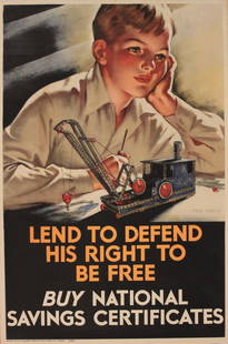 Tom Purvis (1888-1959) Lend to Defend His Right to be: Tom Purvis (1888-1959) Lend to Defend His Right to be Free , original WW2 poster printed for HMSO by Fosh & Cross c.1940 - 76 x 51 cm He is said to have used his son John in the design of the poster