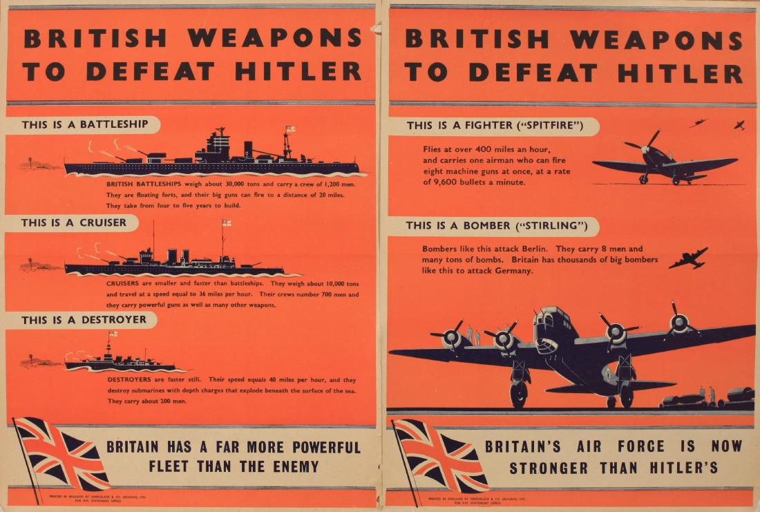 Anon British Weapons to defeat Hitler , Ships and: Anon British Weapons to defeat Hitler , Ships and Aircraft , two original WW2 posters printed for HMSO by Greenslade c.1940 - 50 x 37 cm (2)