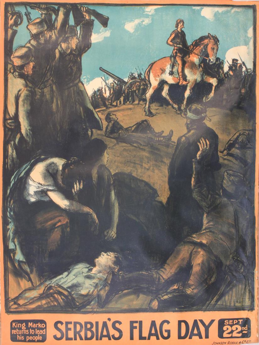Fitzgerald Spencer Pryce (1881-1956) Serbia's Flag Day,: Fitzgerald Spencer Pryce (1881-1956) Serbia's Flag Day, King Marko returns to his people, original WW1 poster printed by Johnson Riddle 1916 - 101 x 75 cm