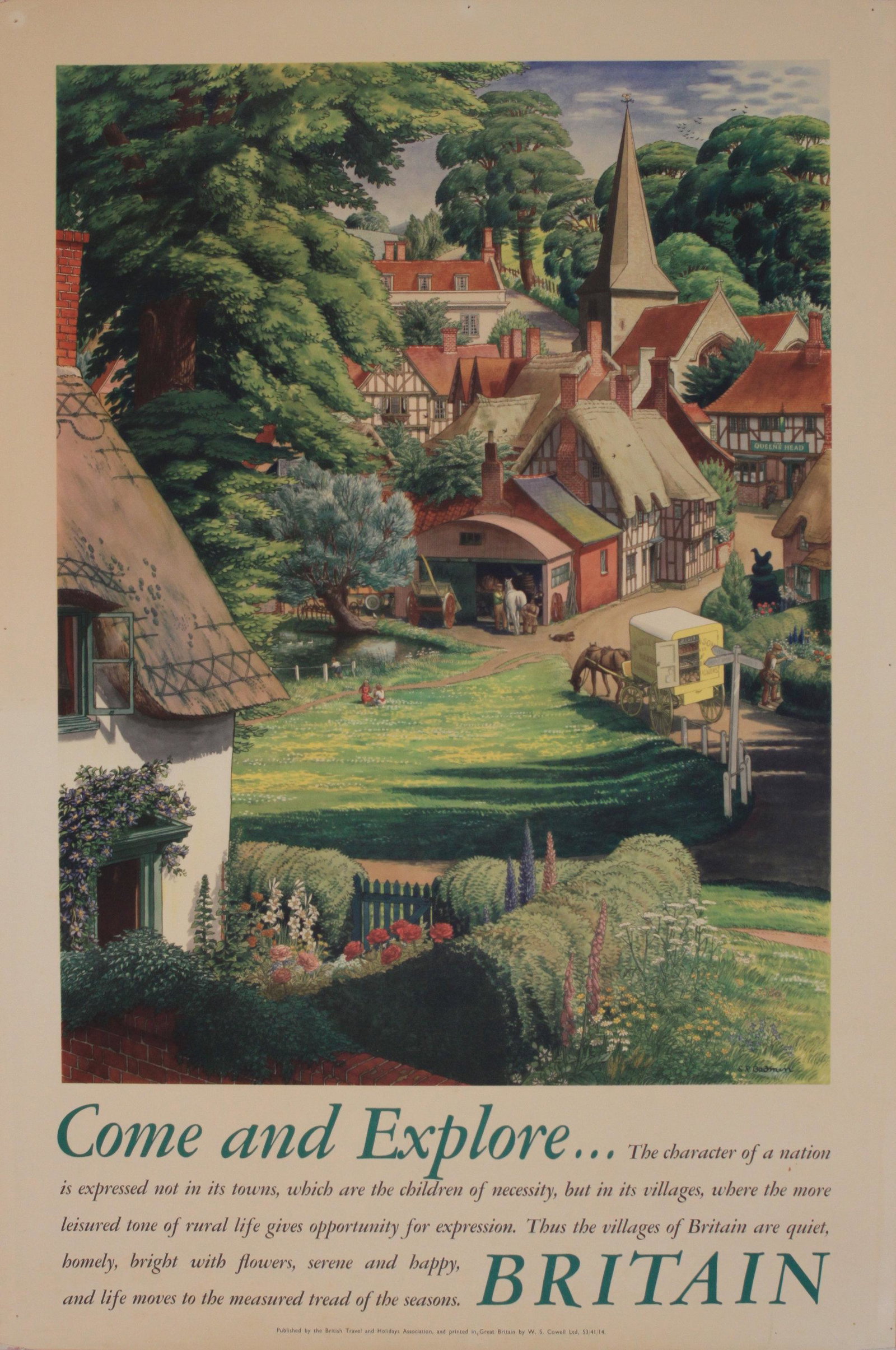 S R Badmin (Stanley Roy 1906-1989) Villages of Britain: S R Badmin (Stanley Roy 1906-1989) Villages of Britain Come and Explore, original poster printed for British Travel and Holidays Association by W S Cowell 1953 - 76 x 51 cm