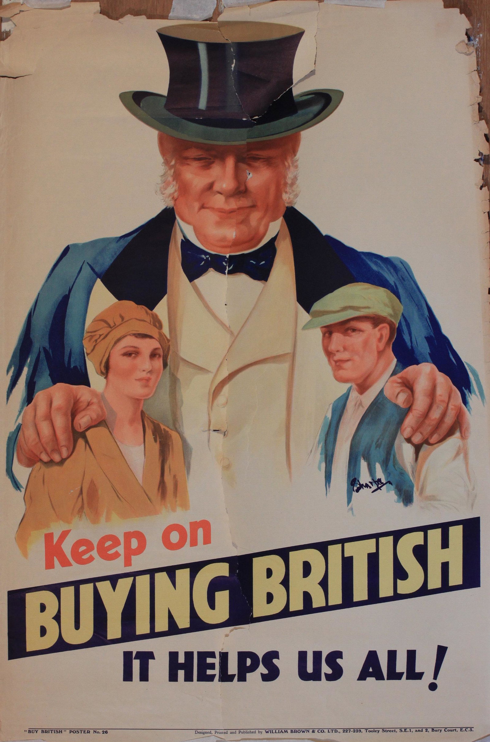 Anon Thanks ! Buying British has put me in a job, Buy: Anon Thanks ! Buying British has put me in a job, Buy British poster No 25 printed by William Brown & Co Ltd 1925 - 76 x 50 cm; and Sharpe (William Leonard 1905-1979) Keep on Buying British it helps u