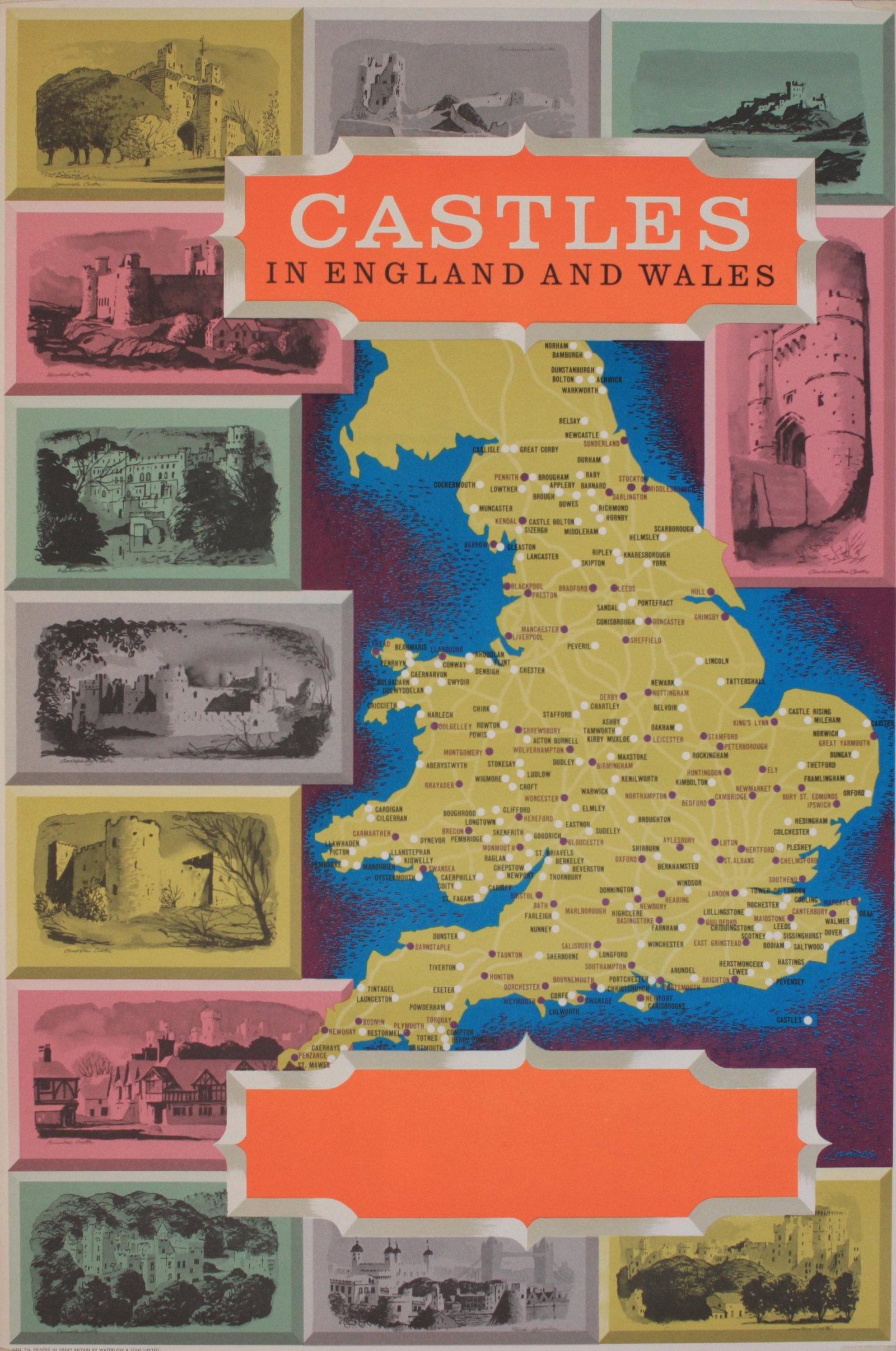 Lander (Reginald 1913-1982) Castles and Stately Homes: Lander (Reginald 1913-1982) Castles and Stately Homes in England and Wales, two map posters with vignettes, each printed by Waterlow c. 1960 - 76 x 51 cm; and five other bus posters including two maps