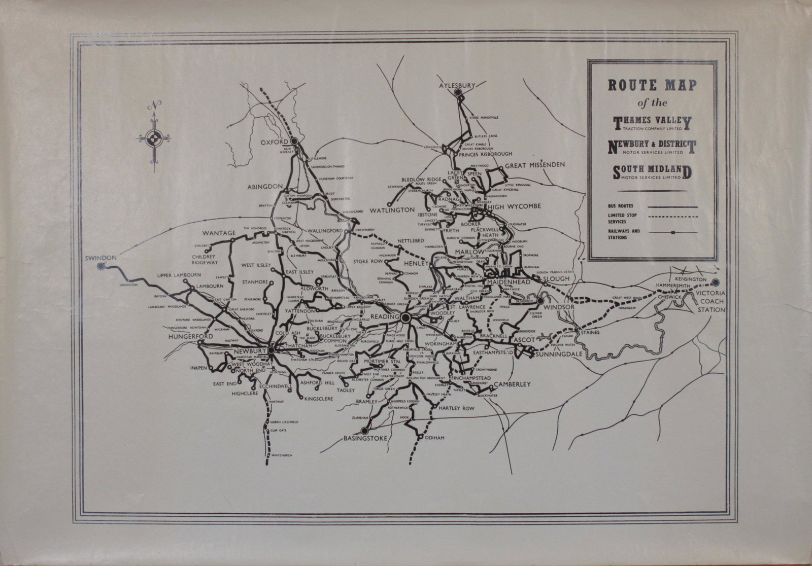 Route Map of the Thames Valley Newbury and District and: Route Map of the Thames Valley Newbury and District and South Midland - 46 x 61 cm; and four other posters inc. map of Britains Express Coach Network (5)