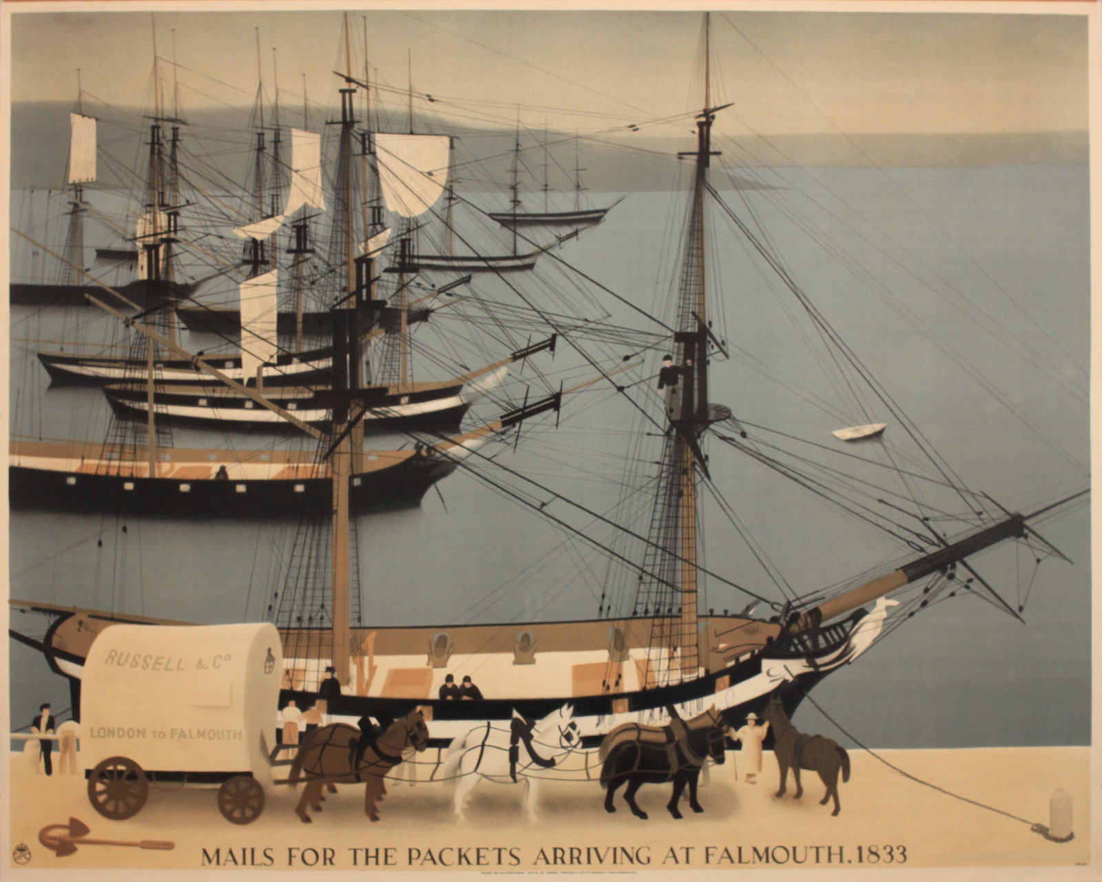 H S Williamson (Harold Sandys 1892-1978) Mails for the: H S Williamson (Harold Sandys 1892-1978) Mails for the Packets arriving at Falmouth, 1833, GPO poster PRD 95 printed by Jordison 1934 - 102 x 127 cm
